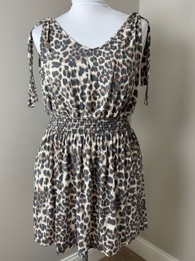 JODIFL Leopard Print Dress Large Smocked Waist Tie Shoulder Mini
